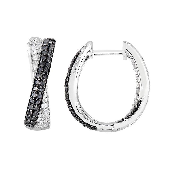 1 Carat T.w. Black And White Diamond Sterling Silver Crisscross U-hoop Earrings, Women's