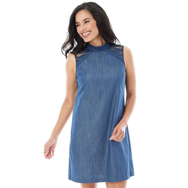 Women's Ab Studio Chambray Lace Shift Dress, Size: 14, Light Blue