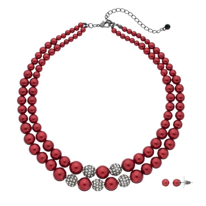 Red Simulated Pearl Double Strand Necklace & Stud Earring Set, Women's