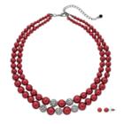 Red Simulated Pearl Double Strand Necklace & Stud Earring Set, Women's