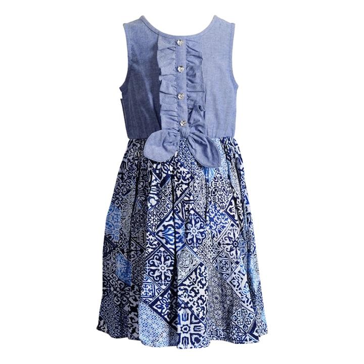 Girls 4-6x Youngland Front Tie Chambray Woven Dress, Size: 6, Blue