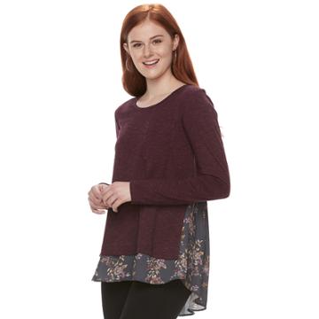 Juniors' Mason & Belle Floral Knit & Woven Tee, Teens, Size: Large, Drk Purple