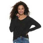 Juniors' Mudd&reg; Tie-front Waffle-knit Long Sleeve Top, Teens, Size: Medium, Black