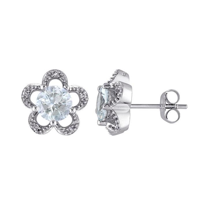 Laura Ashley 10k White Gold Aquamarine & Diamond Accent Flower Stud Earrings, Women's, Blue