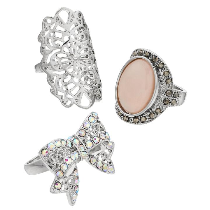Mudd&reg; Bow, Filigree & Oval Cabochon Ring Set, Women's, Size: 7, Silver