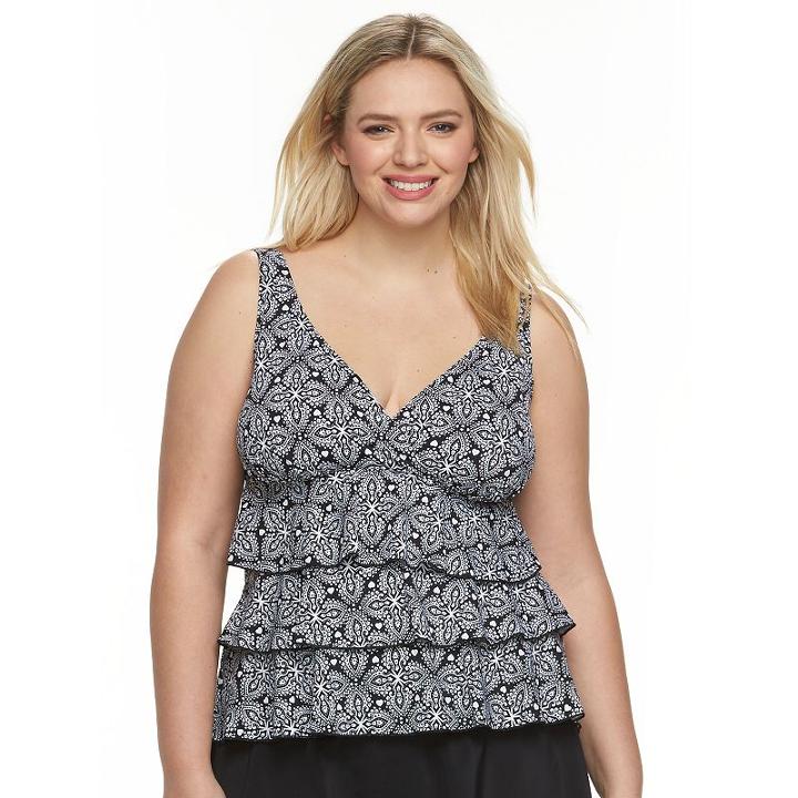 Plus Size A Shore Fit Tummy Slimmer Tiered Tankini Top, Women's, Size: 18 W, Black