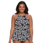 Plus Size Women's A Shore Fit Hip Minimizer Printed Tankini Top, Size: 20 W, Black