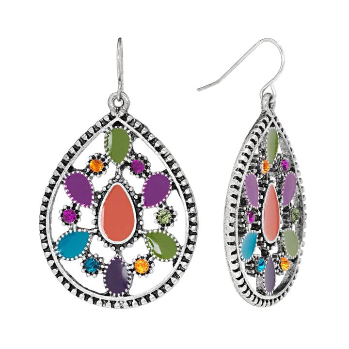 Mudd&reg; Silver Tone Simulated Crystal Textured Teardrop Earrings, Multicolor