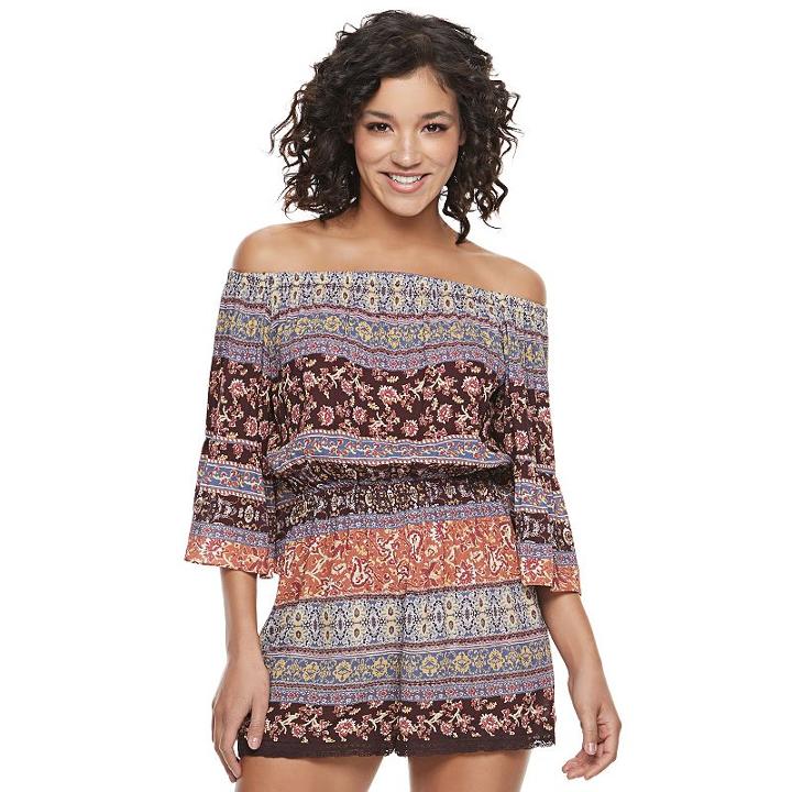 Juniors' Mason & Belle Crochet Off The Shoulder Romper, Teens, Size: Medium, Red Overfl