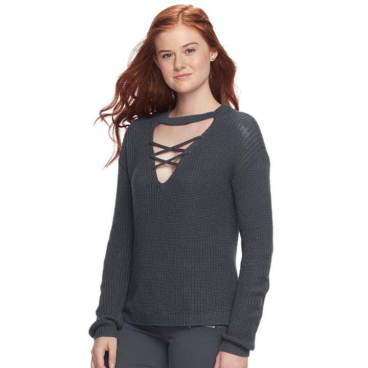 Juniors' Pink Republic Lace-up Choker Neck Sweater, Teens, Size: Large, Dark Grey