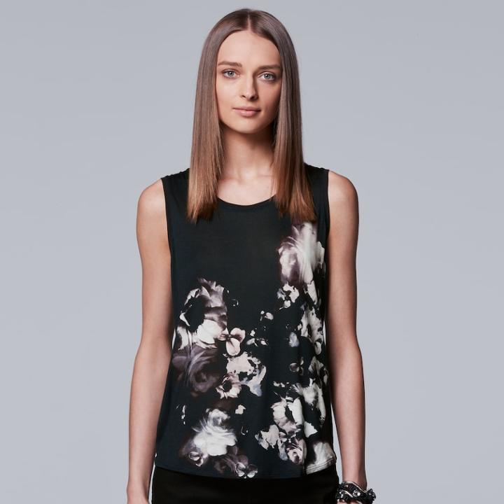 Petite Simply Vera Vera Wang Floral Tank, Women's, Size: Xs Petite, Dark Blue