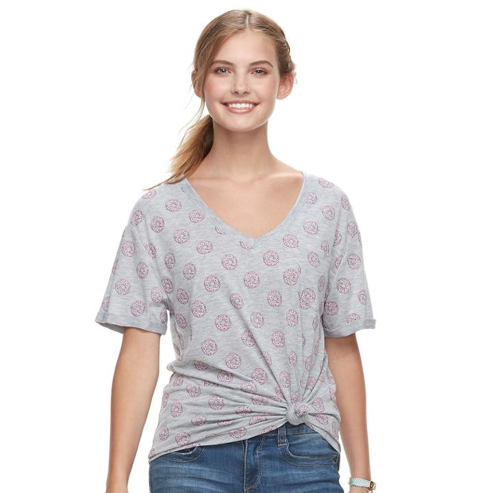 Juniors' Allover Donuts V-neck Graphic Tee, Teens, Size: Small, Med Grey