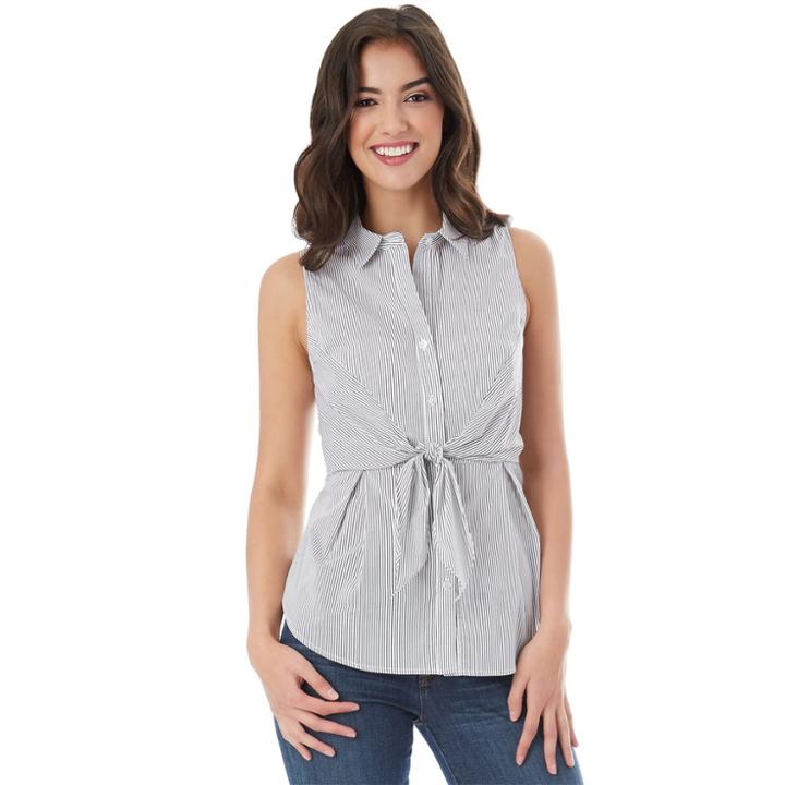 Juniors' Iz Byer California Sleeveless Tie Front Poplin Shirt, Teens, Size: Medium, Mini Stripe