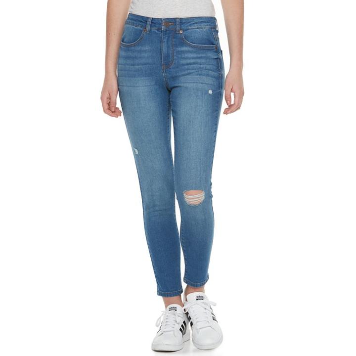 Juniors' So&reg; Ripped High Waist Ankle Jeggings, Teens, Size: 7, Dark Blue