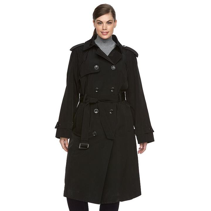 Plus Size Towne By London Fog Double-breasted Long Trench Raincoat, Women's, Size: 2xl, Black