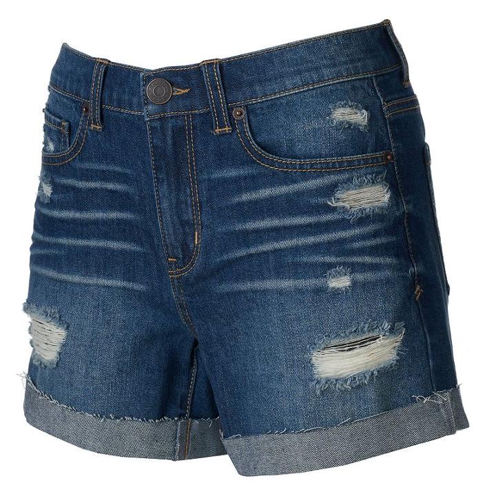 Juniors' Mudd&reg; High Waisted Cuffed Hem Ripped Midi Shorts, Teens, Size: 15, Dark Blue