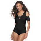 Juniors' Candie's&reg; Lace Up Cold Shoulder Bodysuit, Girl's, Size: Large, Black