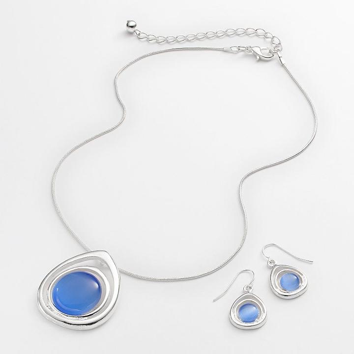 Silver Tone Simulated Cat's-eye Teardrop Pendant And Drop Earring Set, Women's, Purple