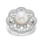 Freshwater Cultured Pearl And 1/10 Carat T.w. Diamond Sterling Silver Flower Ring, Women's, Size: 7, White
