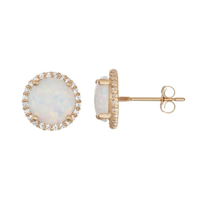 10k Gold Lab-created Opal & White Sapphire Halo Stud Earrings, Women's