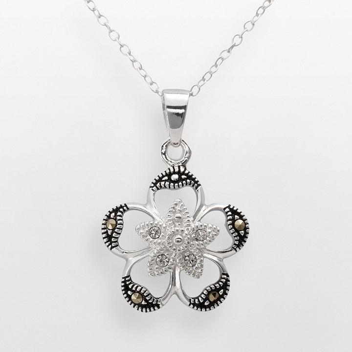Sterling Silver Crystal And Marcasite Openwork Flower Pendant, Women's, Size: 18, Black