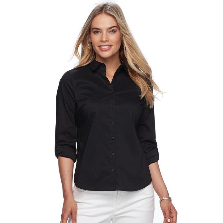 Petite Apt. 9&reg; Poplin Structured Shirt, Women's, Size: L Petite, Black