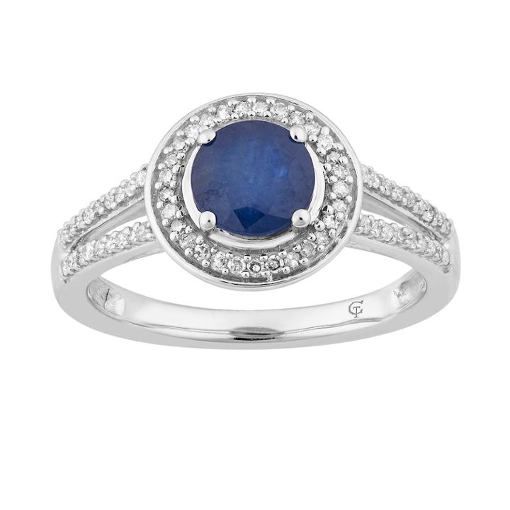 10k White Gold Sapphire & 1/5 Carat T.w. Diamond Halo Ring, Women's, Size: 7, Blue