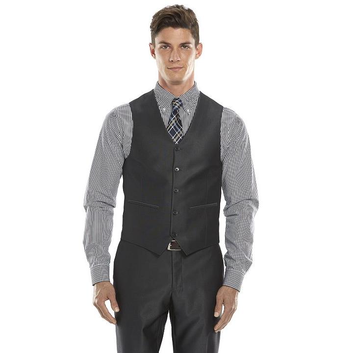 Men's Savile Row Modern-fit Charcoal Sharkskin Suit Vest, Size: Small, Dark Grey