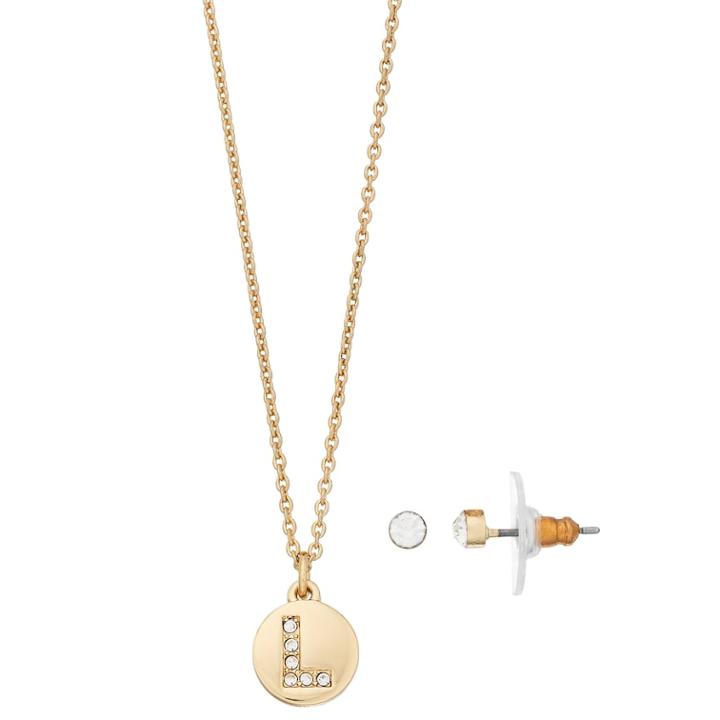 Lc Lauren Conrad Crystal Initial Pendant Necklace & Stud Earring Set, Women's, Gold