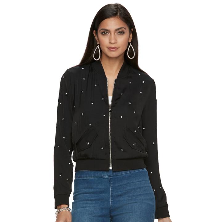 Women's Jennifer Lopez Studded Bomber Jacket, Size: Large, Black