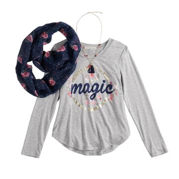 Girls 7-16 & Plus Size Self Esteem High-low Graphic Top Set With Scarf & Necklace, Size: Medium, Grey