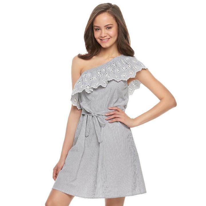 Juniors' So&reg; One Shoulder Eyelet Dress, Girl's, Size: Large, Blue (navy)