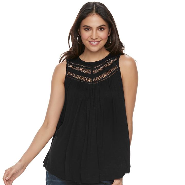 Women's Apt. 9&reg; Inset Lace Swing Tank, Size: Xs, Black