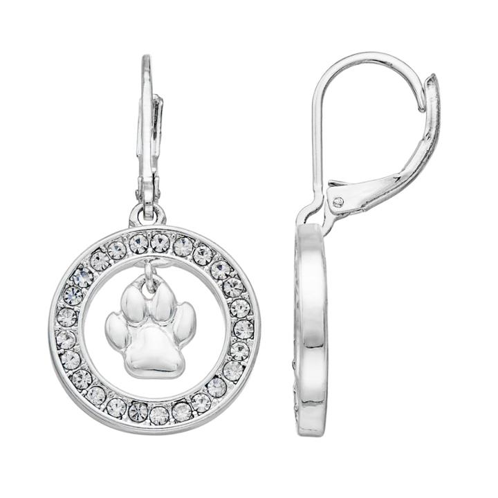 Simulated Crystal Paw Print Hoop Drop Earrings, Women's, Silver