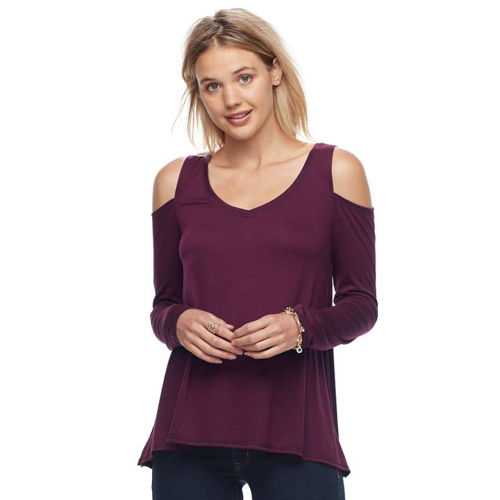 Juniors' So&reg; Cold Shoulder Long Sleeve Tee, Teens, Size: Medium, Purple
