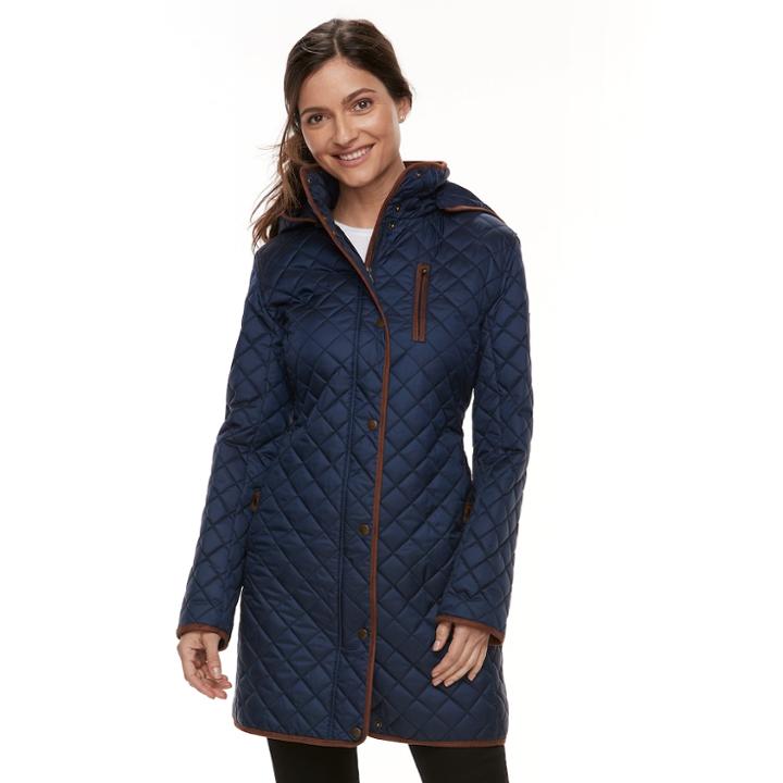 Women's Chaps Long Faux-leather Trim Quilted Jacket, Size: Large, Blue (navy)