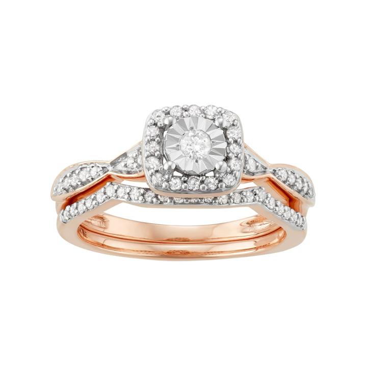 10k Rose Gold 3/8 Carat T.w. Diamond Square Halo Engagement Ring Set, Women's, White