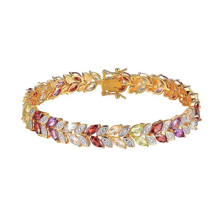 18k Gold Over Silver Gemstone & Diamond Accent Leaf Tennis Bracelet, Women's, Size: 7.25, Multicolor