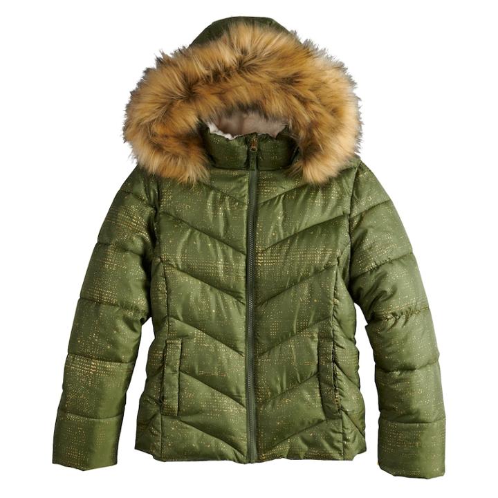 Girls 4-16 So&reg; Faux Fur Heavyweight Puffer Jacket, Size: 10-12, Lt Green