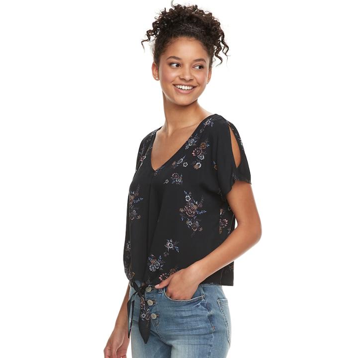 Juniors' Mudd&reg; Printed Tie-front Top, Teens, Size: Xl, Black