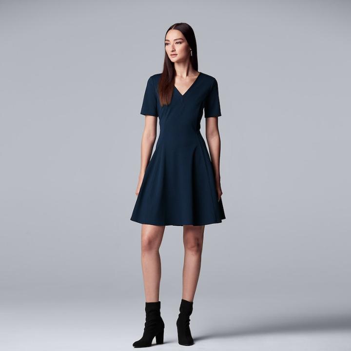 Women's Simply Vera Vera Wang V-neck Fit & Flare Dress, Size: Large, Dark Blue