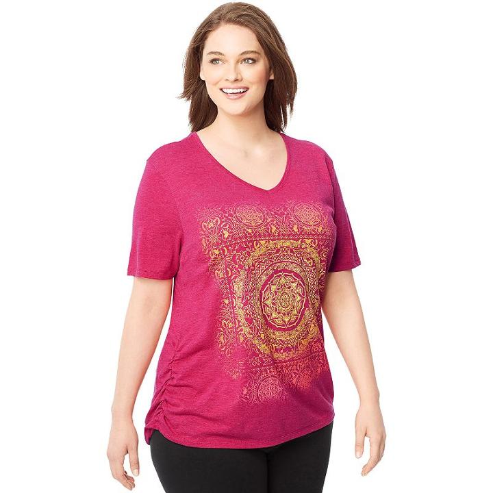 Plus Size Just My Size Ruched Graphic V-neck Tee, Women's, Size: 2xl, Dark Pink