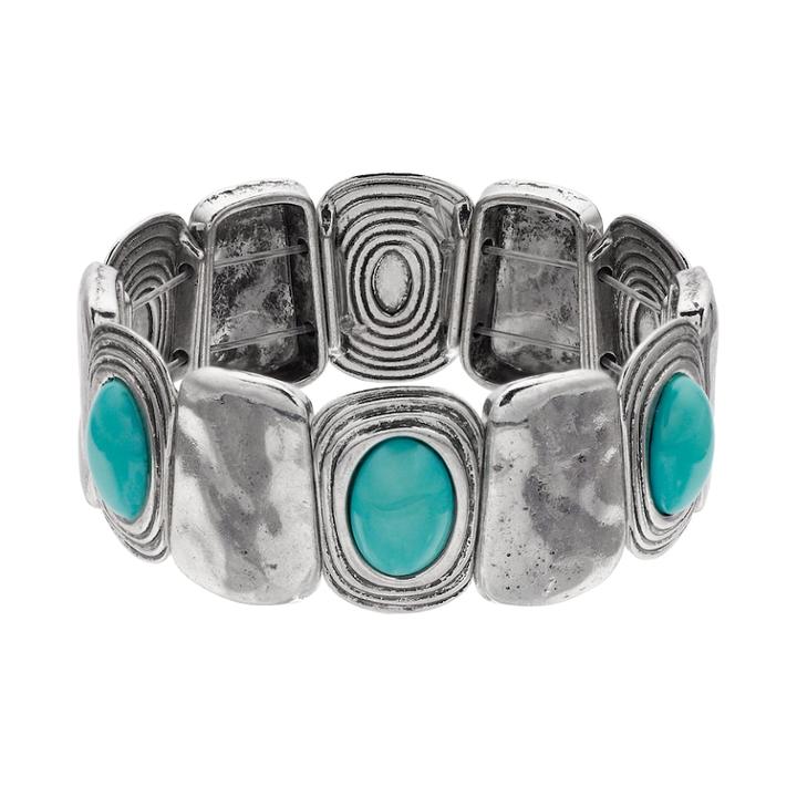 Hammered Uneven Link & Cabochon Stretch Bracelet, Women's, Turq/aqua