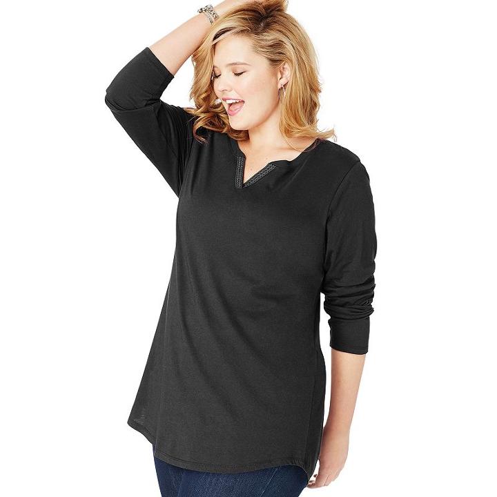 Plus Size Just My Size Crochet Trim Split Neck Tunic, Women's, Size: 4xl, Black