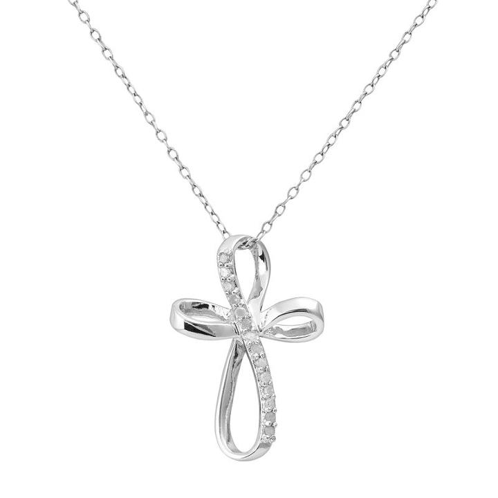 Sterling Silver 1/10-ct. T.w. Diamond Ribbon Cross Pendant, Women's, Size: 18, White