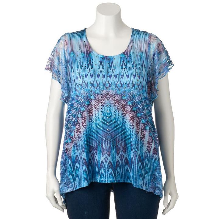 Plus Size World Unity Printed Shark-bite Hem Top, Women's, Size: 2xl, Turquoise/blue (turq/aqua)