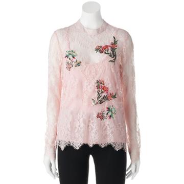 Liv-on, Juniors' Embroidered Print Lace Top, Girl's, Size: Small, Light Red