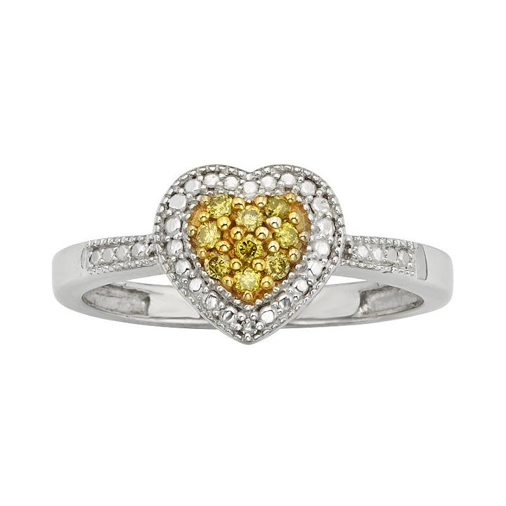 Sterling Silver 1/10-ct. T.w. Yellow And White Diamond Heart Ring, Women's, Size: 7