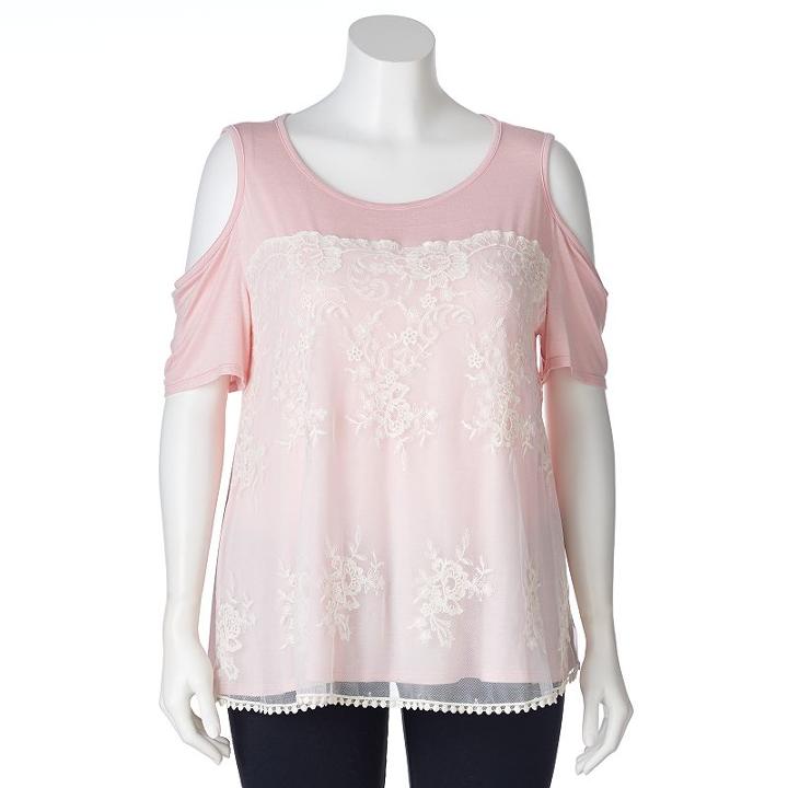 Juniors' Plus Size Iz Byer California Cold-shoulder Lace Trapeze Top, Girl's, Size: 2xl, Light Pink