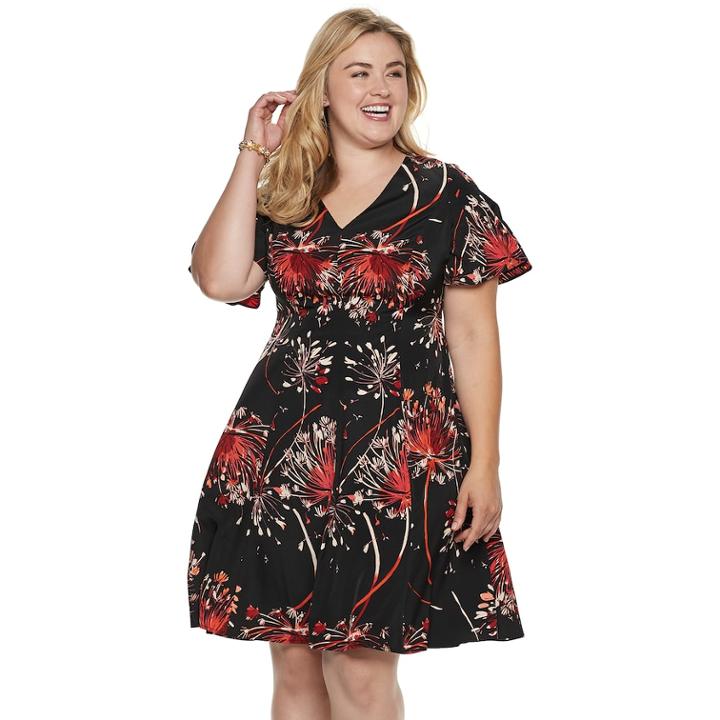 Plus Size Suite 7 Print Fit & Flare Dress, Women's, Size: 14 W, Black/red